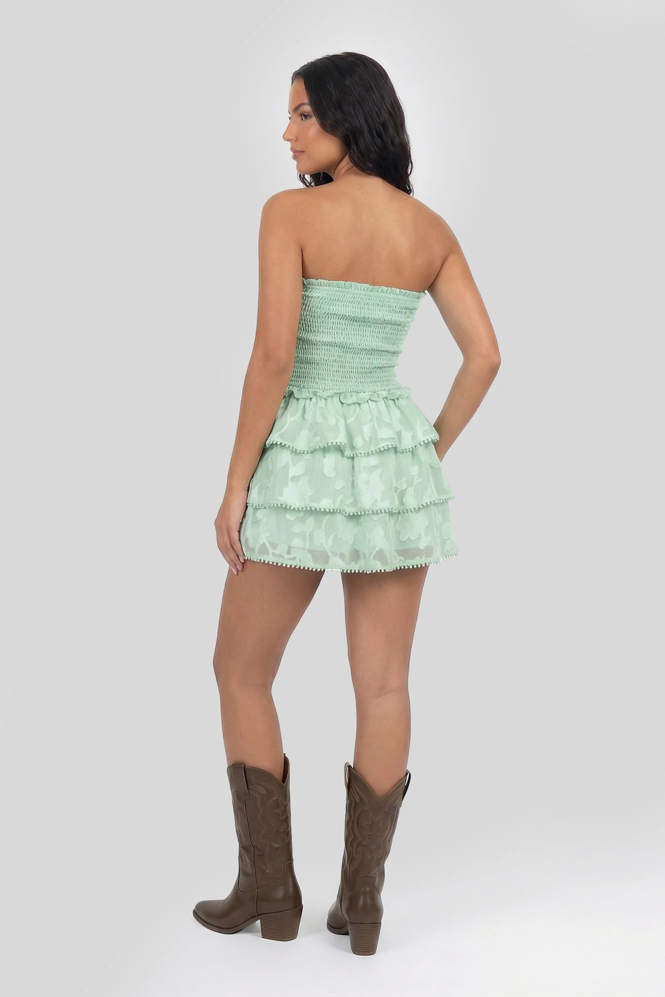Smocked Ruffle Tiered Strapless Mini Dress