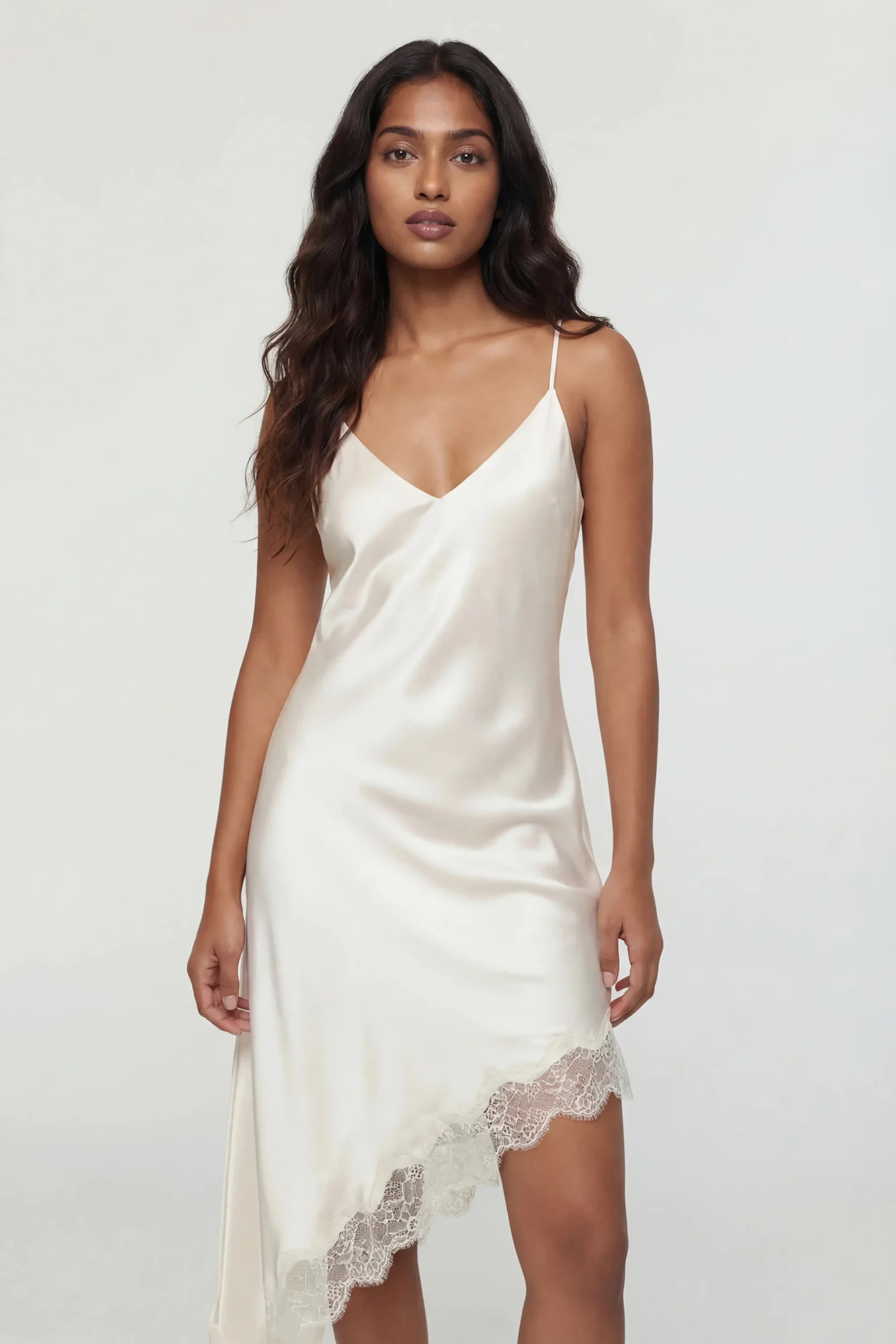 2115-satin-v-neck-lace-trim-asymmetrical-midi-dress-1.webp Satin V-Neck Lace Trim Asymmetrical Midi Dress