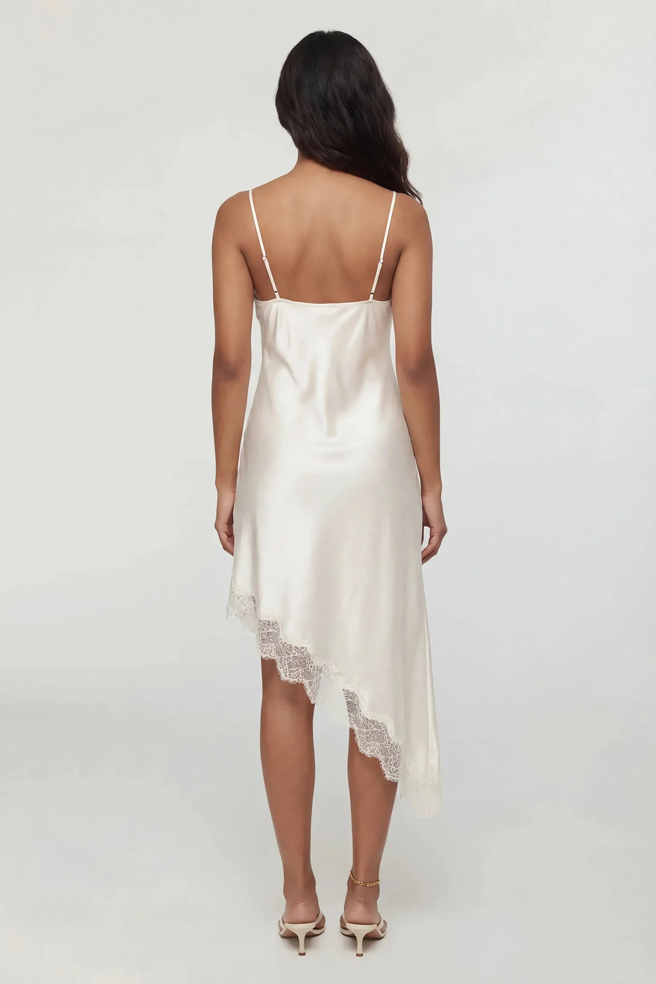 Satin V-Neck Lace Trim Asymmetrical Midi Dress