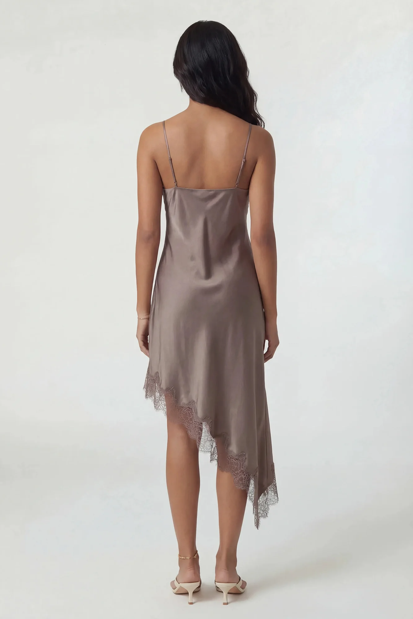 Satin V-Neck Lace Trim Asymmetrical Midi Dress