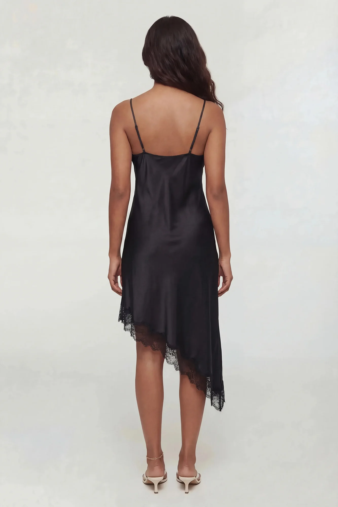 Satin V-Neck Lace Trim Asymmetrical Midi Dress