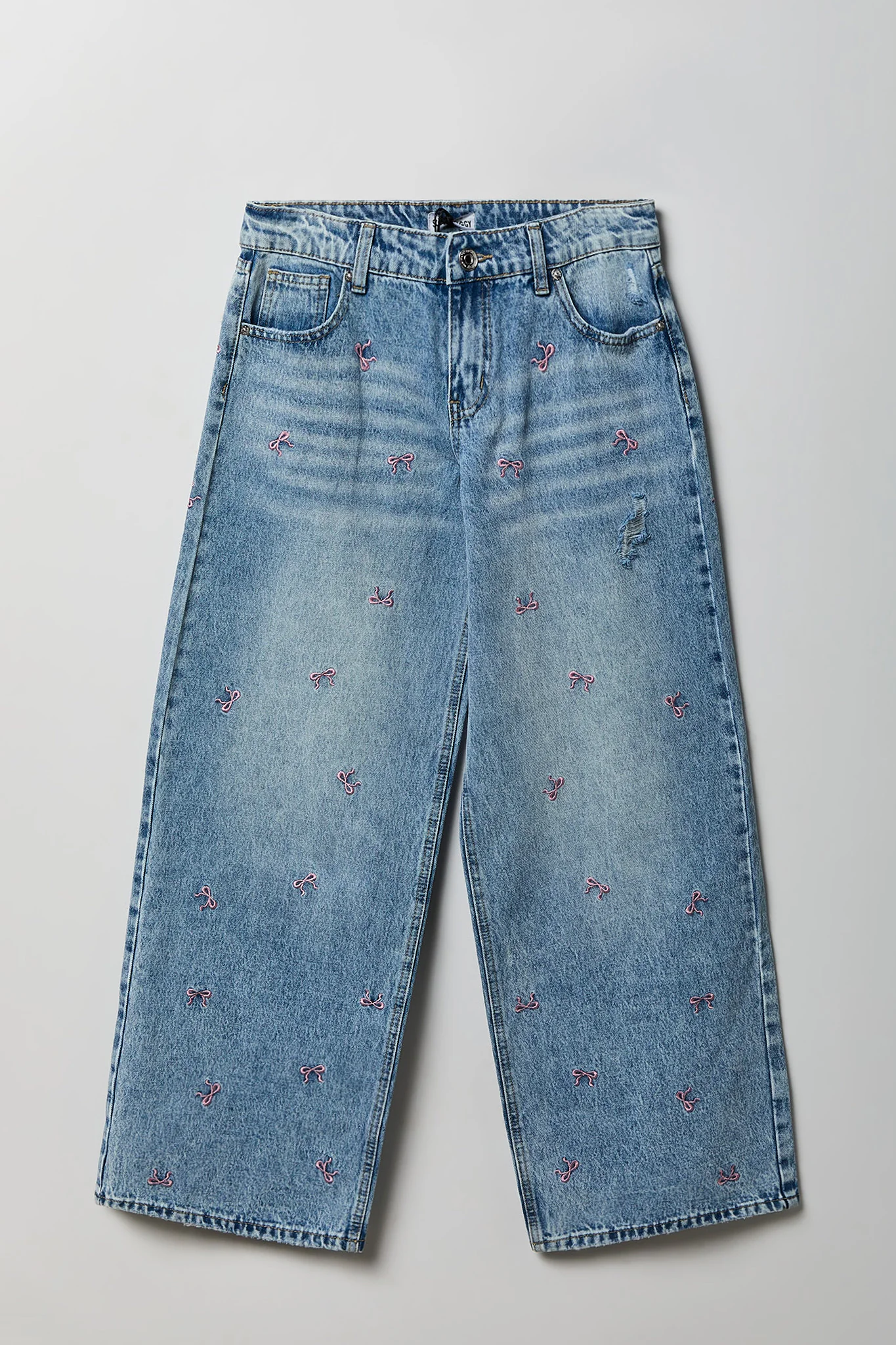 Low Rise Bow Embroidered Baggy Denim Jean