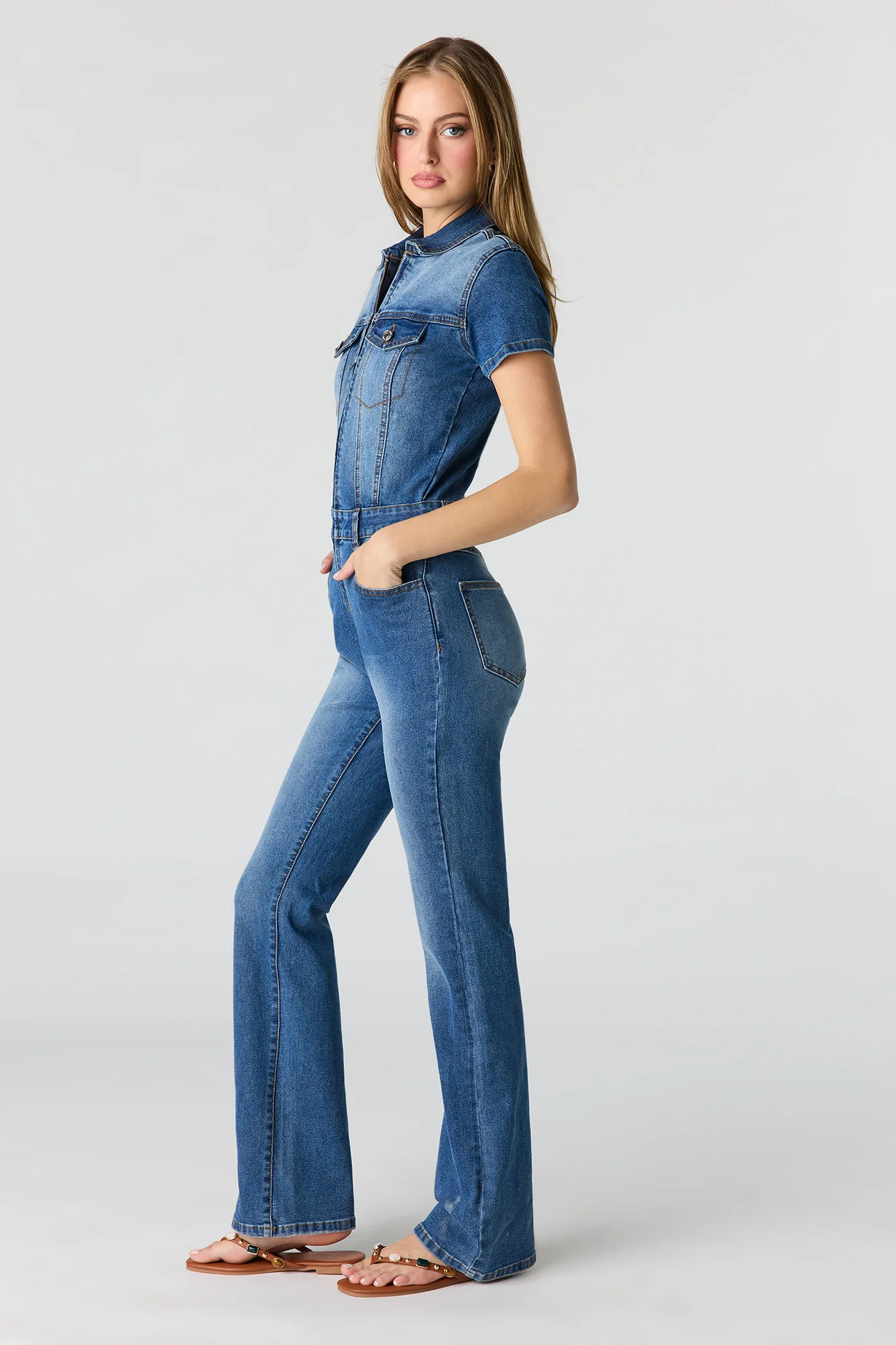 388-stretch-denim-short-sleeve-jumpsuit-2.webp Stretch Denim Short Sleeve Jumpsuit