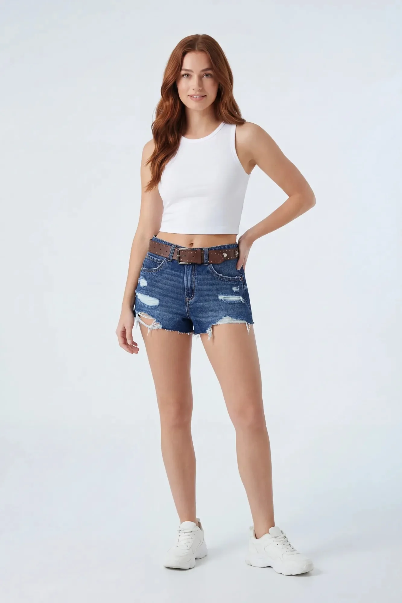 Ripped Denim Short with Belt
