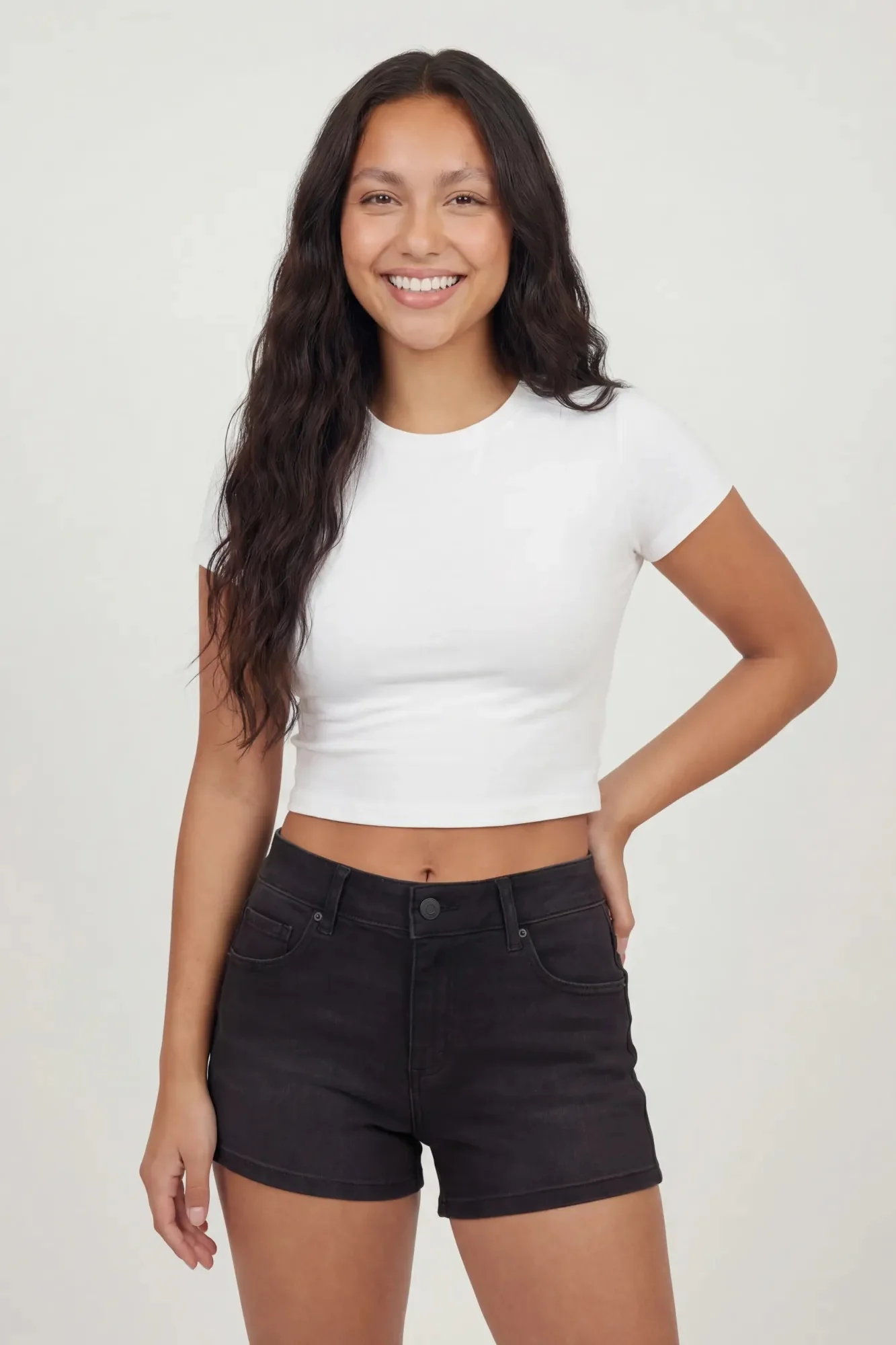 5205-stretch-mid-rise-push-up-black-denim-short-1.webp Stretch Mid Rise Push Up Black Denim Short
