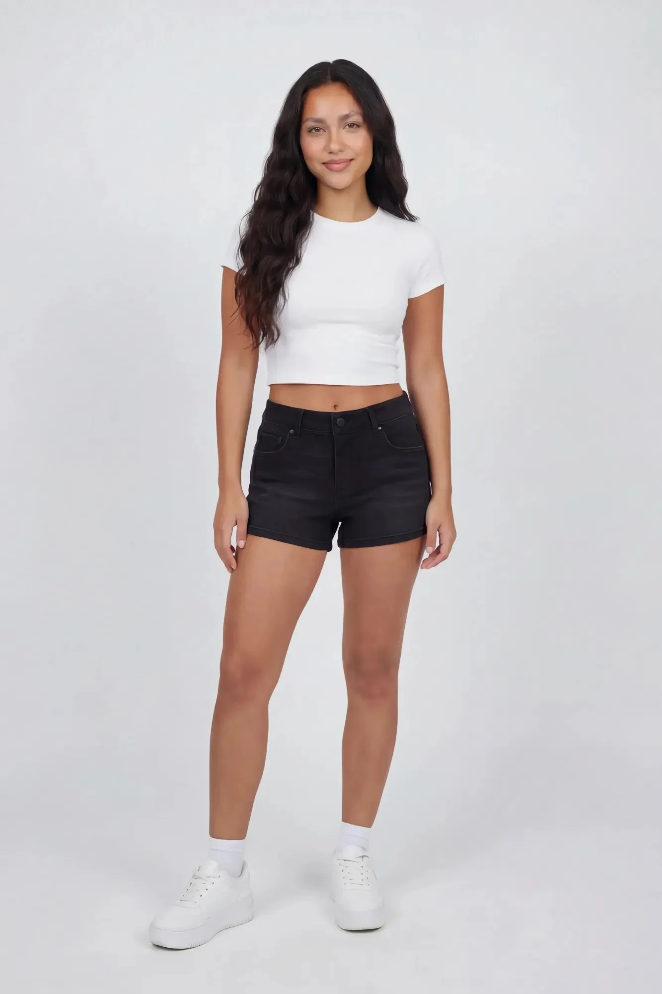 5205-stretch-mid-rise-push-up-black-denim-short-2.webp Stretch Mid Rise Push Up Black Denim Short