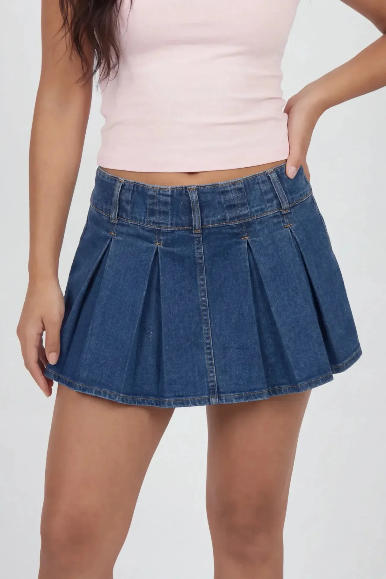 Pleated Denim Mini Skort