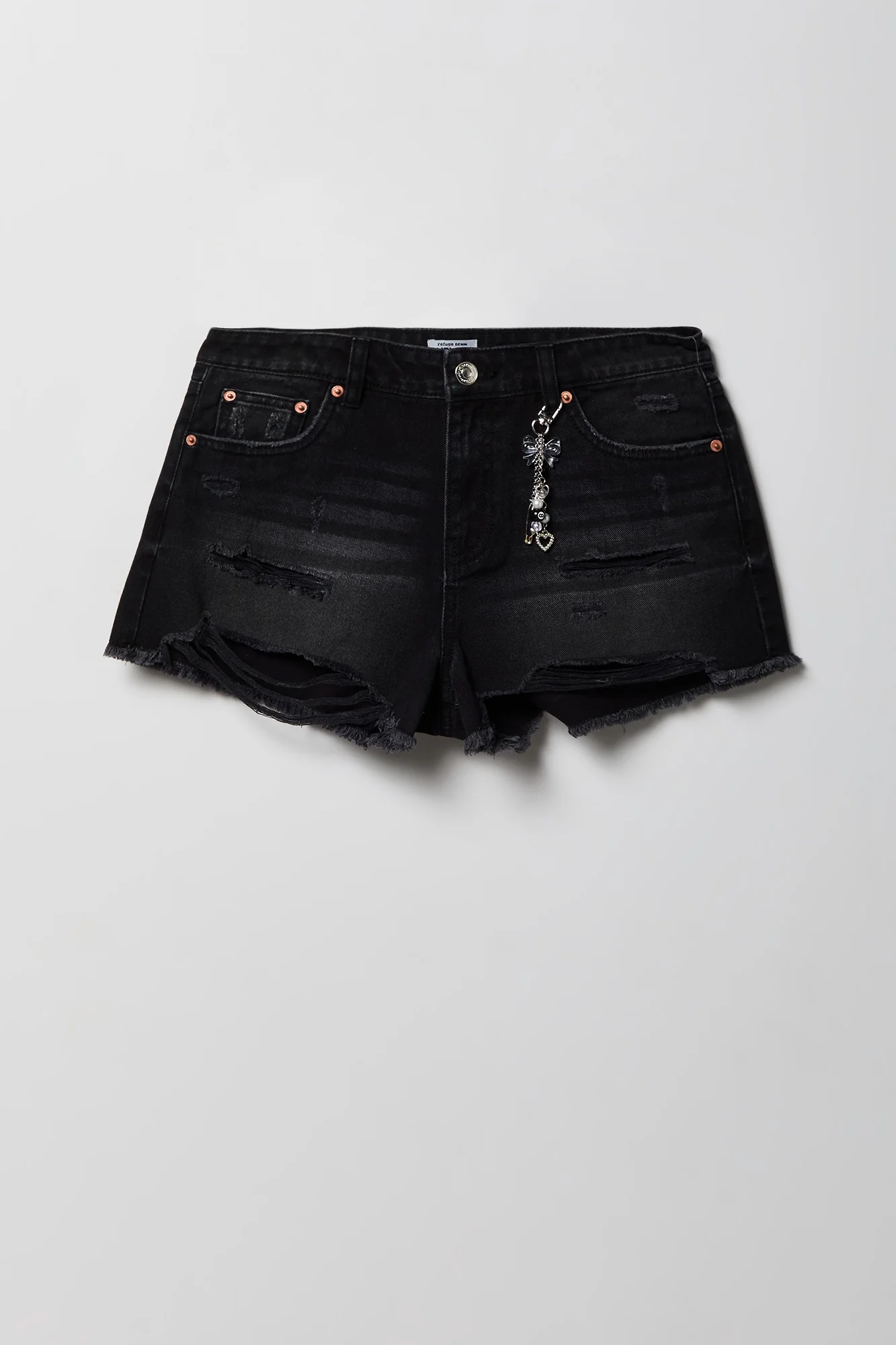 6159-ripped-high-rise-black-denim-short-with-keychain-4.webp Ripped High Rise Black Denim Short With Keychain