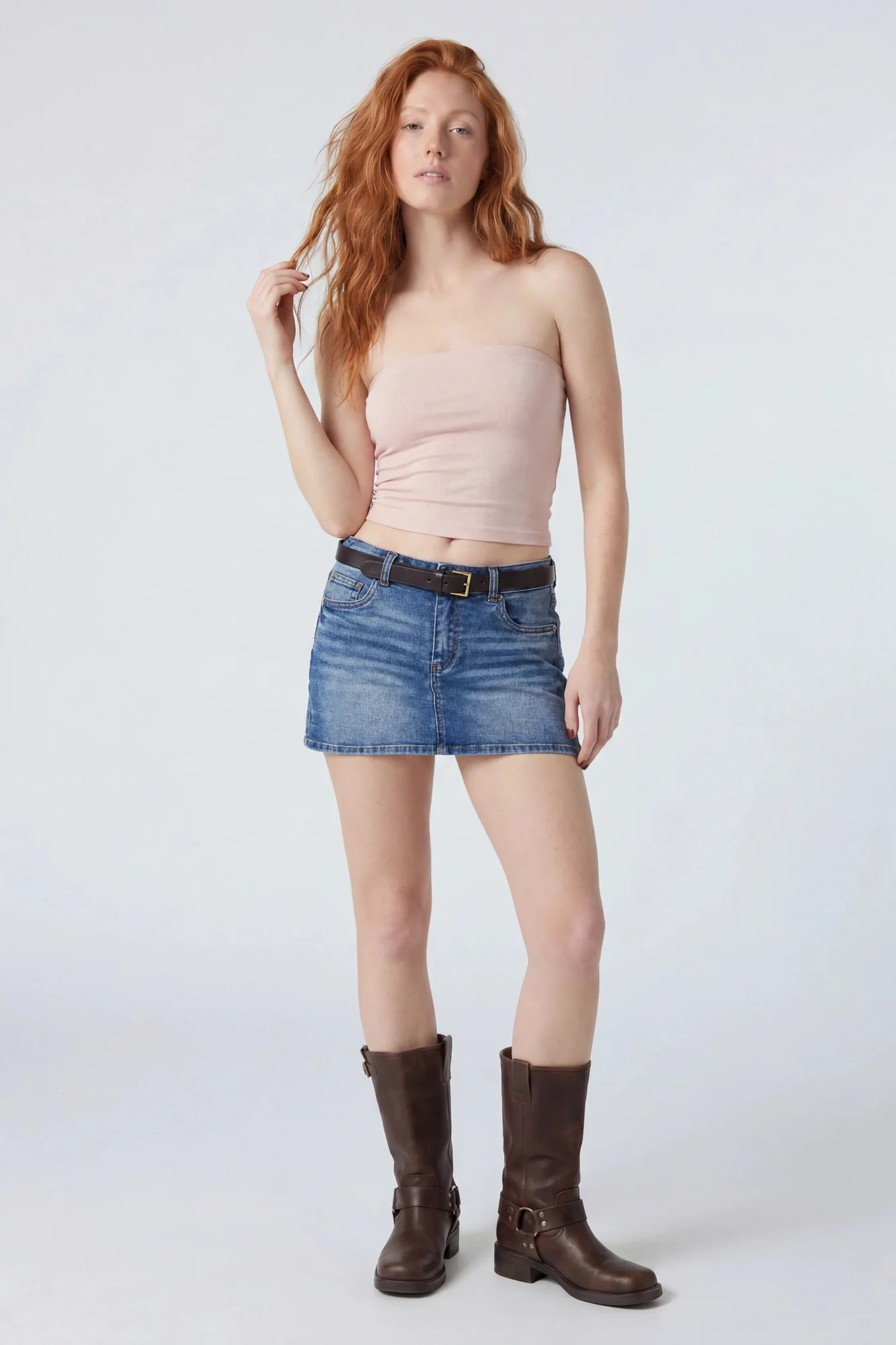 Stretch Denim Belted Mini Skort
