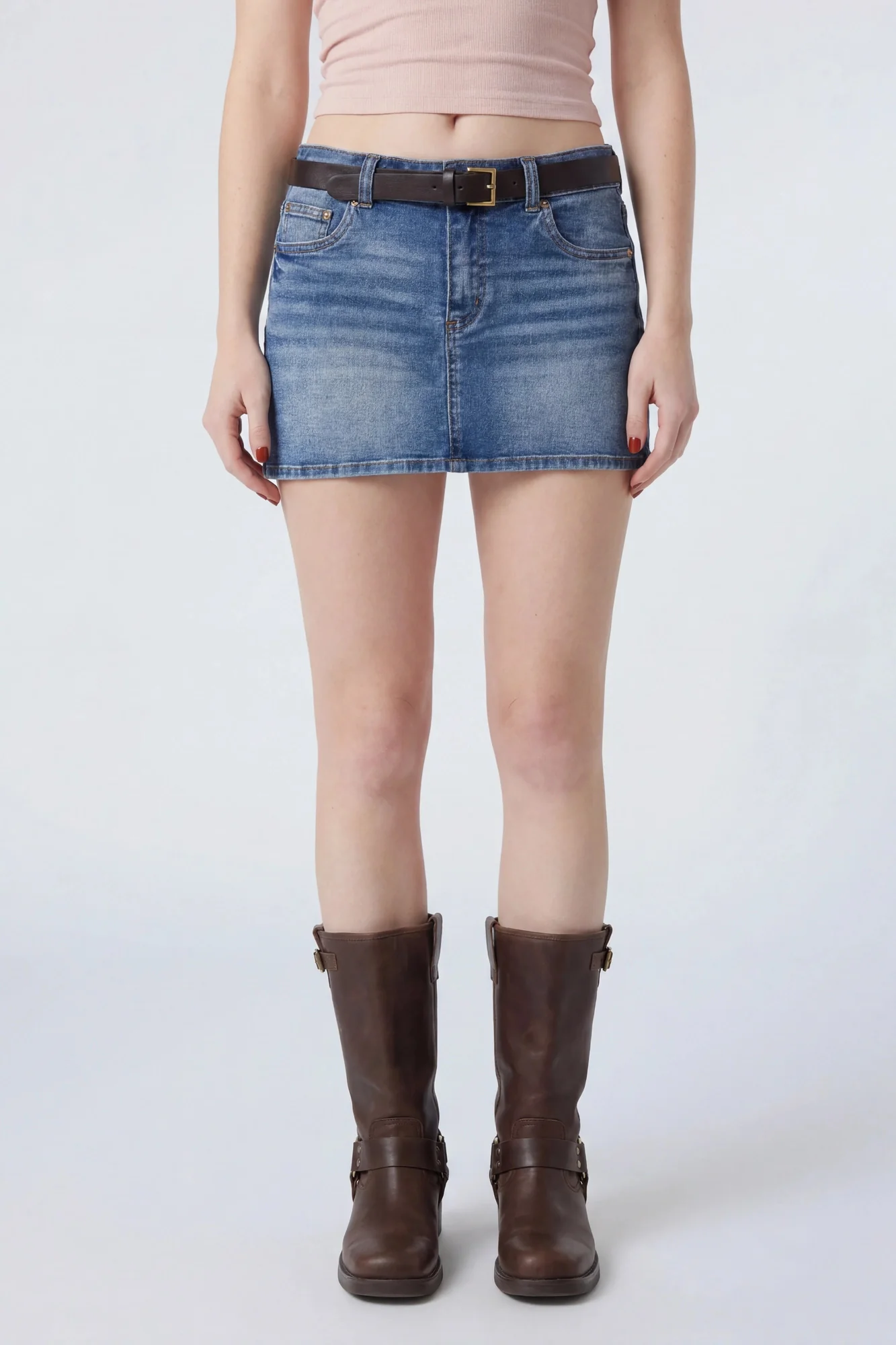 Stretch Denim Belted Mini Skort