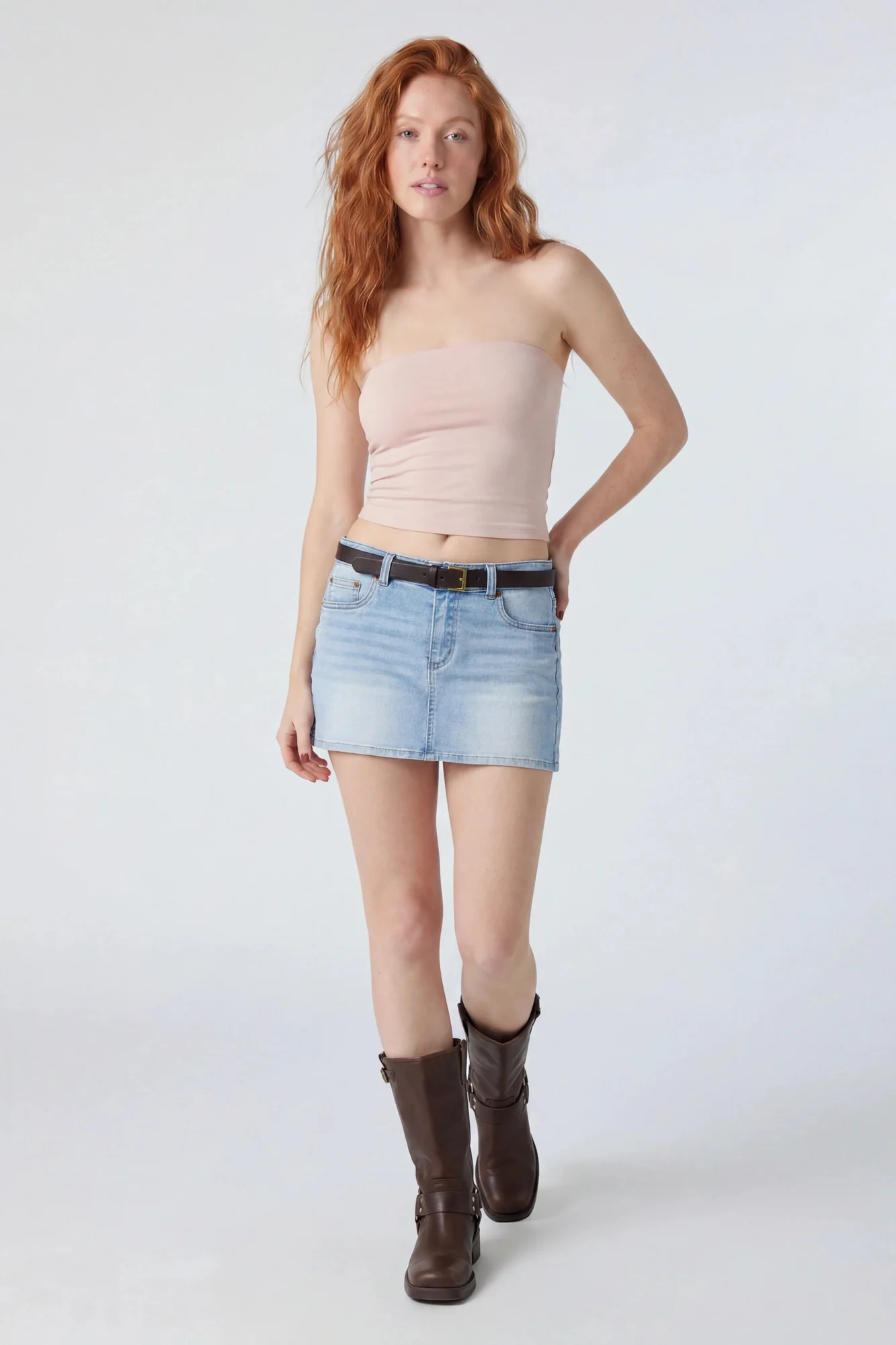Stretch Denim Belted Mini Skort