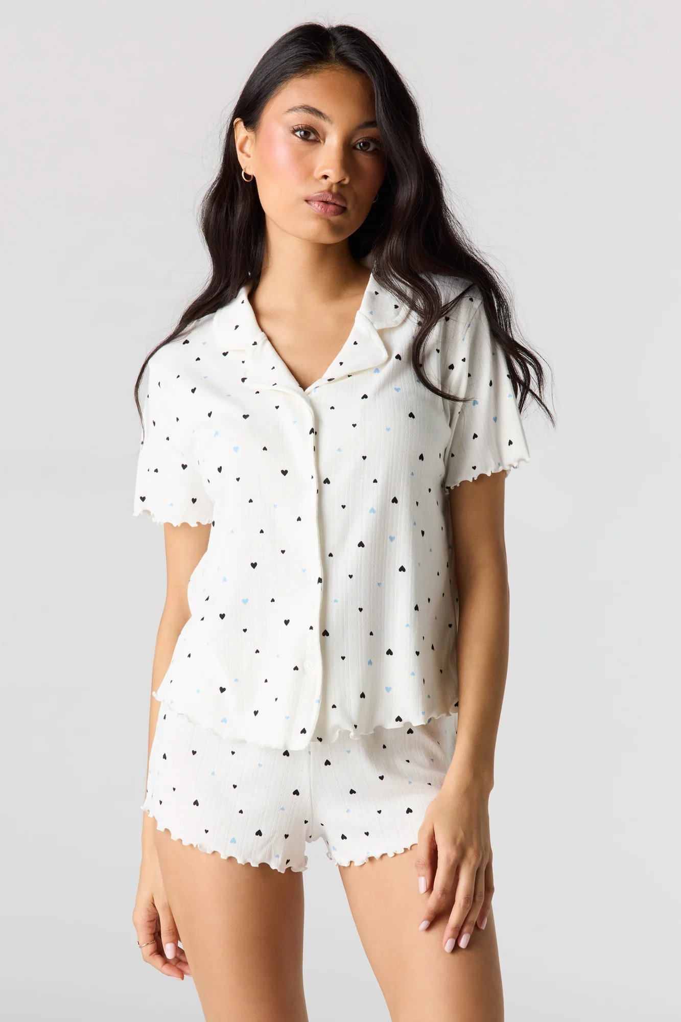 Pointelle Button-Up Top & Short Pajama Set