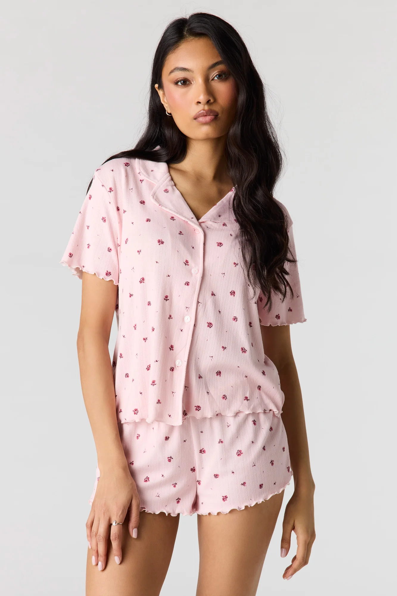 Pointelle Button-Up Top & Short Pajama Set