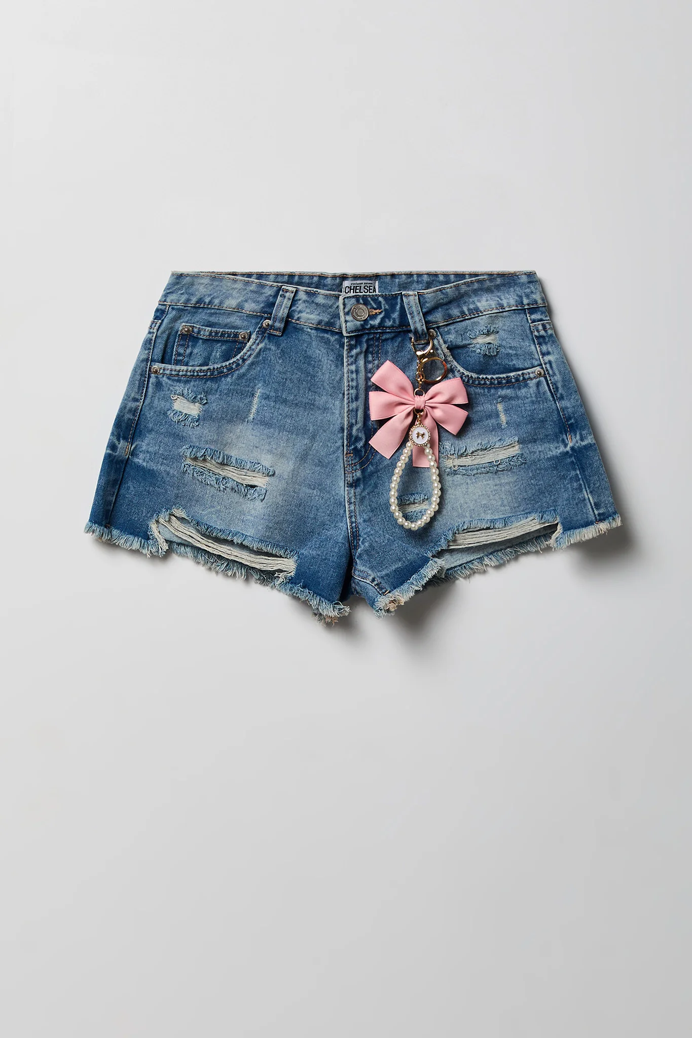 Ripped High Rise Medium Denim Short with Keychain