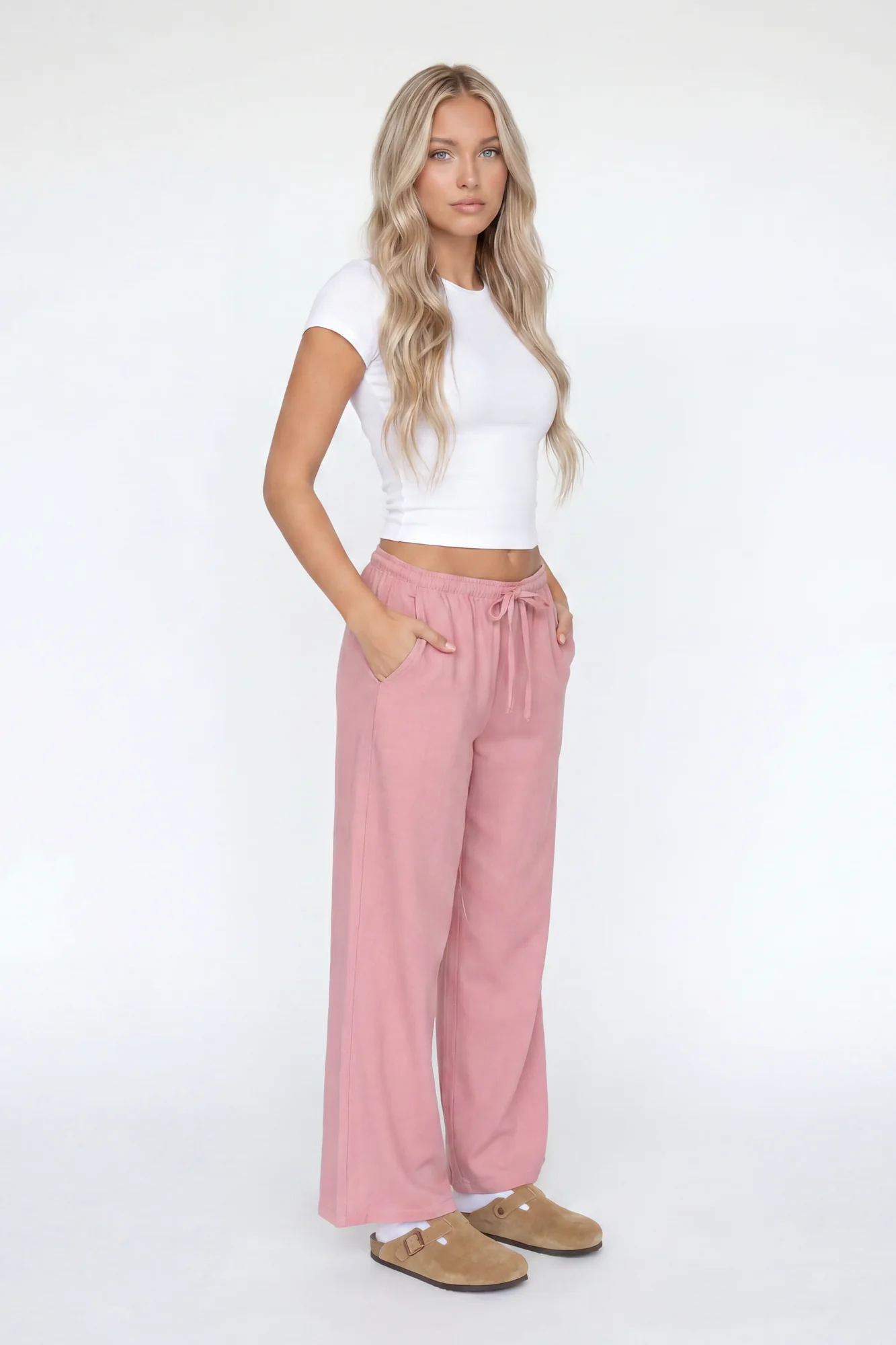 Linen-Blend Flowy Wide Leg Pant
