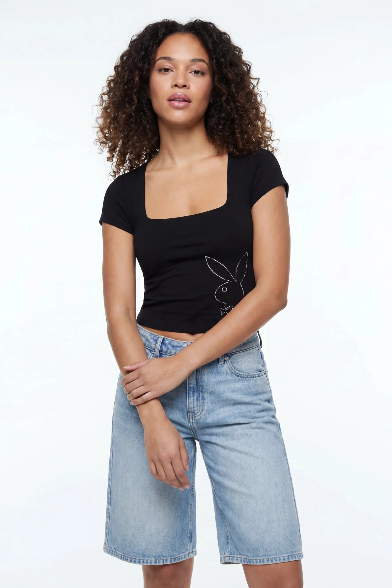 Soft Contour Playboy Rhinestone Square Neck T-Shirt