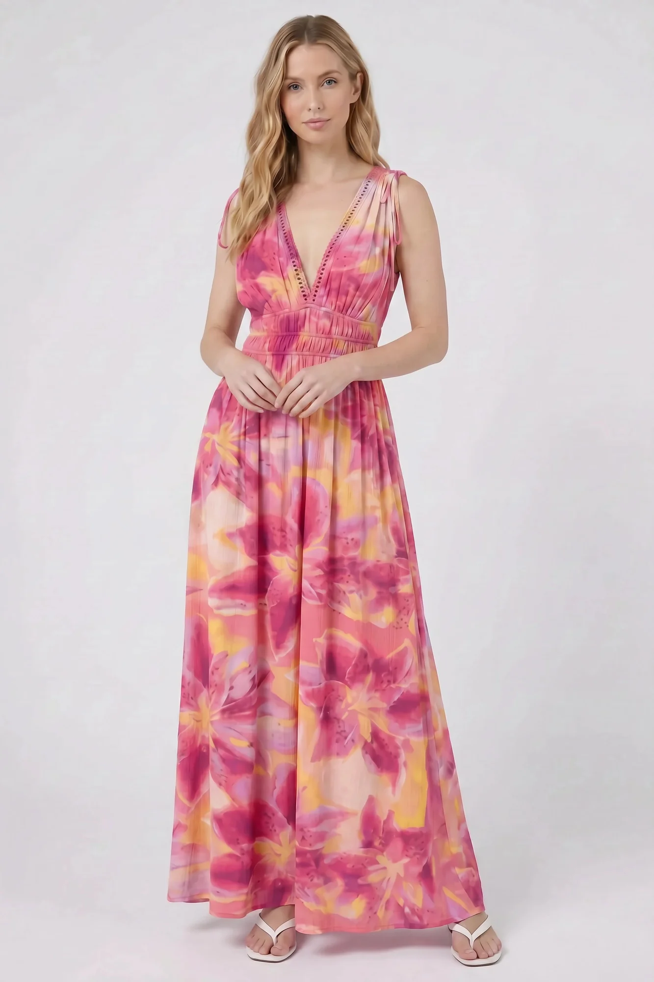 Crochet Trim V-Neck Maxi Dress