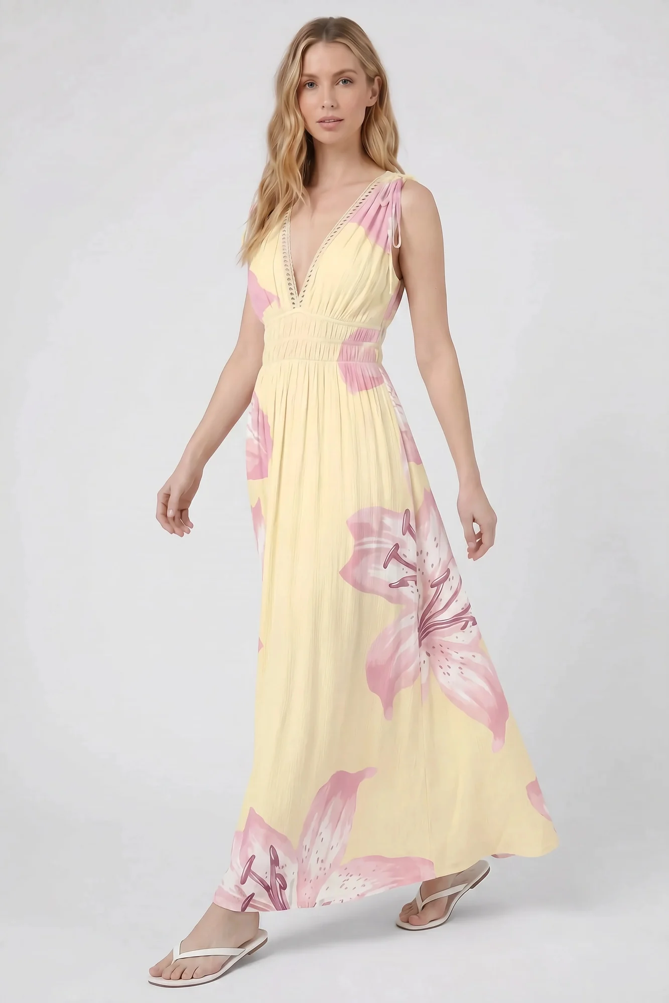 Crochet Trim V-Neck Maxi Dress